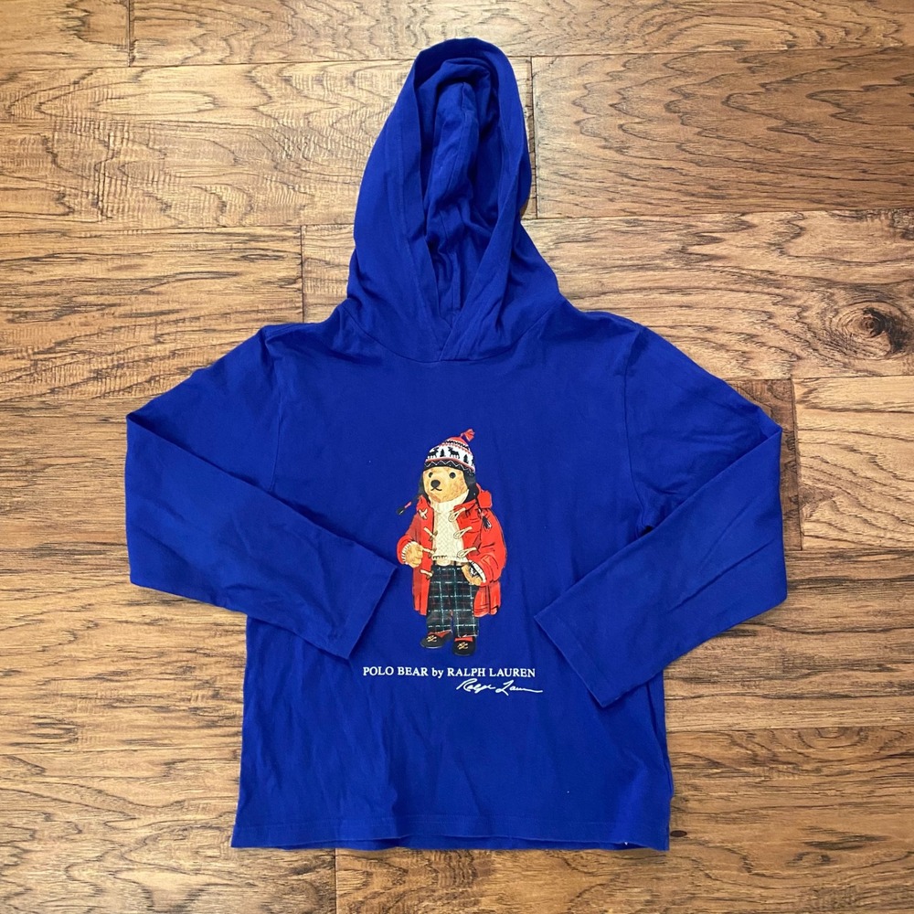 Polo Ralph Lauren Polo Bear Hoodie Kids Size M 10-12 Blue Long Sleeve Tee